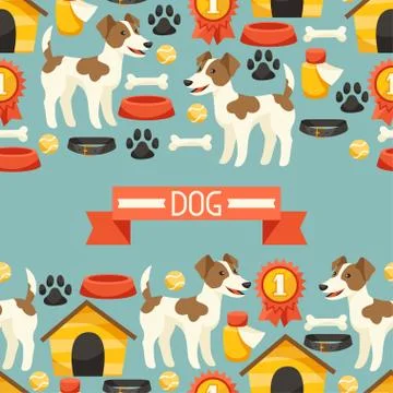 Seamless pattern with cute dogs, icons and objects Stock Illustration