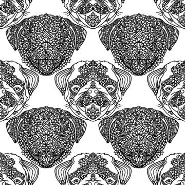 Seamless pattern with cute dogs. Pug puppy background in mandala style. Black Stock Illustration