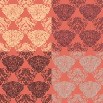 Seamless pattern with cute dogs. Pug puppy background in mandala style. Colorful Stock Illustration