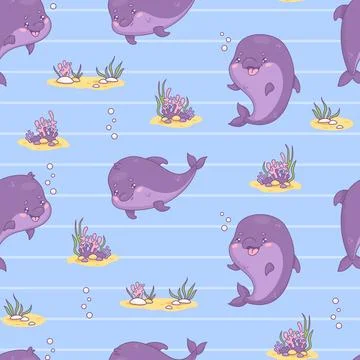 Seamless pattern with cute dolphin on blue striped background. Vector illus.. Illustrazione stock