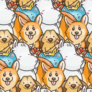 Seamless pattern with cute domestic animals. Kawaii doodle pets Stock Illustration
