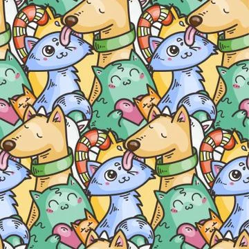 Seamless pattern with cute domestic animals. Kawaii doodle pets Stock Illustration