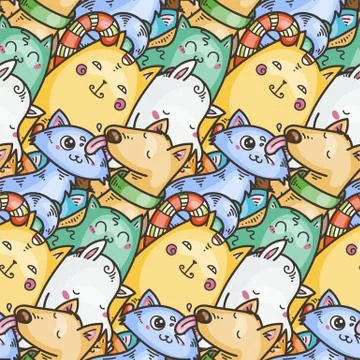 Seamless pattern with cute domestic animals. Kawaii doodle pets Stock Illustration