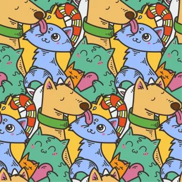 Seamless pattern with cute domestic animals. Kawaii doodle pets イラスト素材