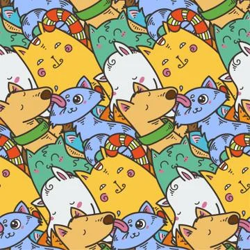 Seamless pattern with cute domestic animals. Kawaii doodle pets Stock Illustration