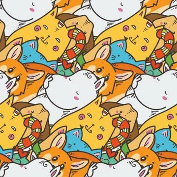 Seamless pattern with cute domestic animals. Kawaii doodle pets イラスト素材
