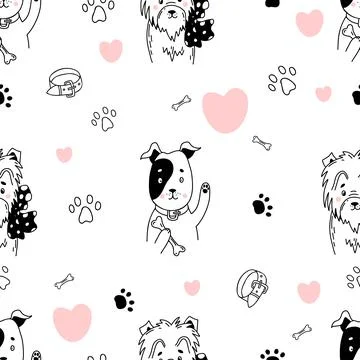 Seamless pattern with Cute domestic Funny dogs with bone in paw and bow on neck  Stock Illustration