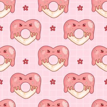 Seamless pattern with cute donut heart with fruity frosting. Funny romantic.. Stock Illustration