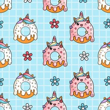 Seamless pattern with cute donut unicorn. Funny kawaii cartoon character sw.. Stock Illustration