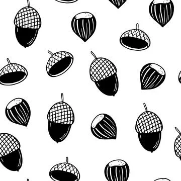 Seamless pattern with cute doodle acorns in black and white colors. Hand-dr.. Stock Illustration