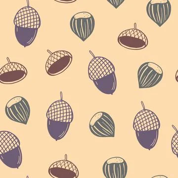 Seamless pattern with cute doodle acorns in earthy pastel tones. Hand-drawn.. Stock Illustration