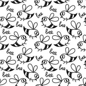 Seamless pattern with cute doodle bee. Vector hand drawn background . Black a 스톡 일러스트