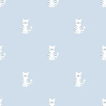 Seamless pattern with cute doodle cat on lilac background. Vector backdrop イラスト素材