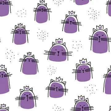 Seamless pattern with cute doodle cats with crowns Stock Illustration