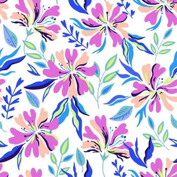 Seamless pattern with cute doodle floral elements. Hand drawn print for tex.. イラスト素材