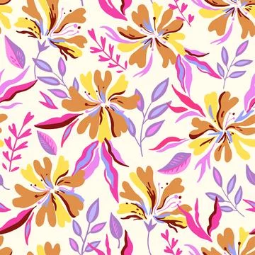 Seamless pattern with cute doodle floral elements. Hand drawn print for tex.. Stock Illustration