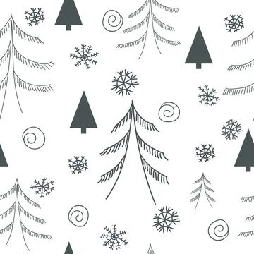 Seamless pattern cute doodle forest. Pine trees hand drawn. Christmas background Stock Illustration