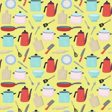 Seamless pattern with cute doodle kitchenware. Vector colorful hand drawn i.. Stock Illustration