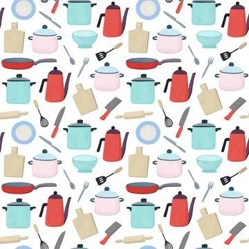 Seamless pattern with cute doodle kitchenware. Vector colorful hand drawn i.. Stock Illustration