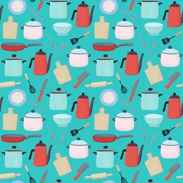 Seamless pattern with cute doodle kitchenware. Vector colorful hand drawn i.. Stockillustratie