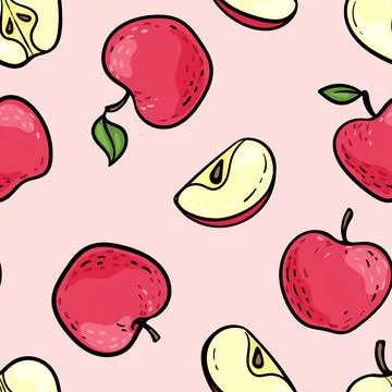 Seamless pattern with cute doodle red and pink apples sketch. Hand drawn tr.. Stock Illustration