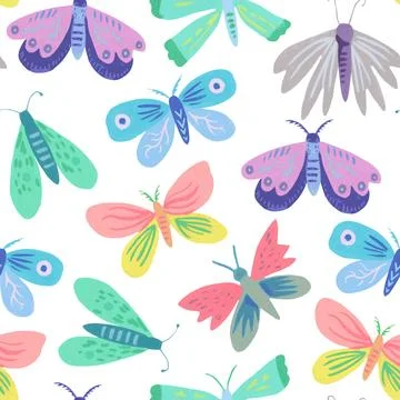 Seamless pattern with cute doodle simple butterflies and moths. Hand-drawn .. Stock Illustration