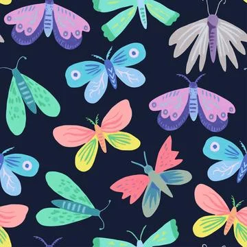 Seamless pattern with cute doodle simple butterflies and moths. Hand-drawn .. Stock Illustration