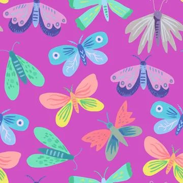 Seamless pattern with cute doodle simple butterflies and moths. Hand-drawn .. Stock Illustration
