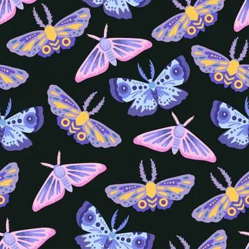 Seamless pattern with cute doodle simple butterflies and moths. Hand-drawn Illustrazione stock