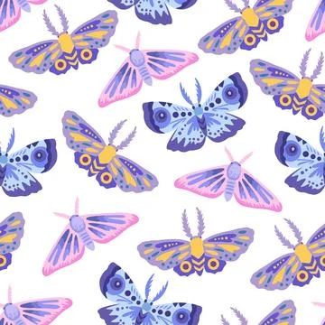 Seamless pattern with cute doodle simple butterflies and moths. Hand-drawn Stock Illustration