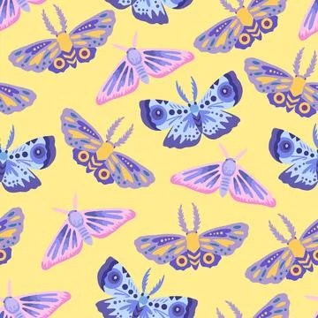 Seamless pattern with cute doodle simple butterflies and moths. Hand-drawn Illustrazione stock