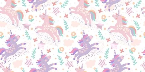 Seamless pattern with cute doodle unicorn vector backdrop Stock Illustration