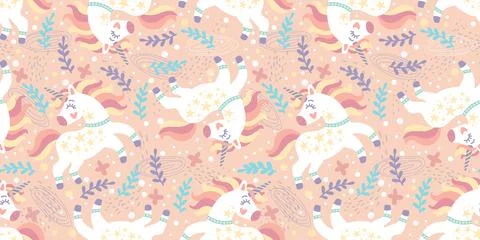 Seamless pattern with cute doodle unicorn backdrop illustration Stock Illustration