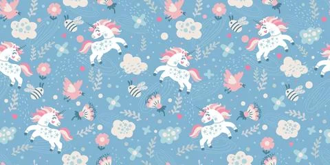 Seamless pattern with cute doodle unicorn wallpaper illustration Stock Illustration