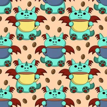 Seamless pattern with cute dragon with coffee cup Stock Illustration