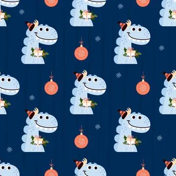 Seamless pattern. Cute dragon with gift on blue background with Christmas b.. Stock Illustration