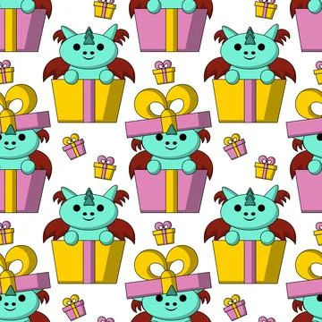 Seamless pattern with cute dragon with gift box 스톡 일러스트