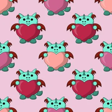 Seamless pattern with cute dragon with heart Stock Illustration