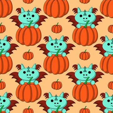 Seamless pattern with cute dragon with pumpkin Stock Illustration