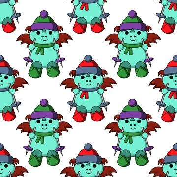 Seamless pattern with cute dragon with skis Stock Illustration
