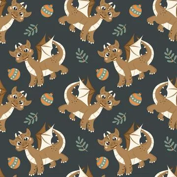 Seamless pattern with a cute dragon, twigs with berries and Christmas balls.. Stock Illustration