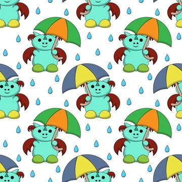 Seamless pattern with cute Dragon with umbrella Stock Illustration