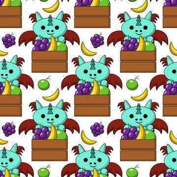 Seamless pattern with cute dragon with wooden box and fruit Stock Illustration