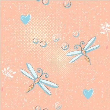 Seamless pattern of cute dragonfly and dandelion seeds Stock Illustration