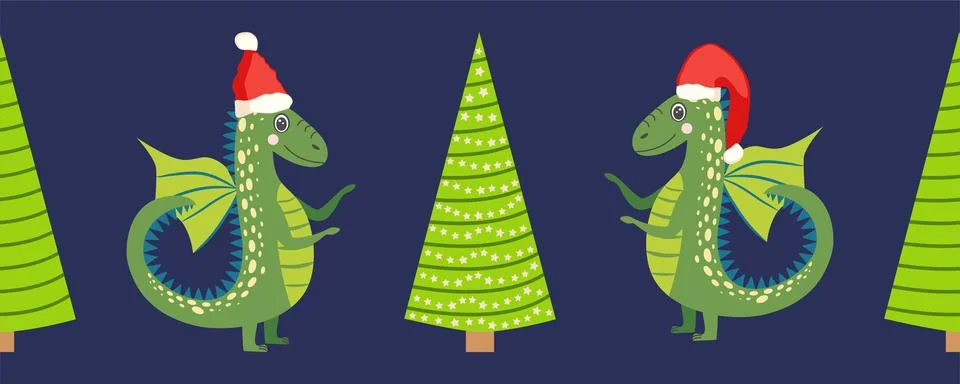 Seamless pattern with cute dragons Christmas design. Chinese New Year backg.. Stock Illustration