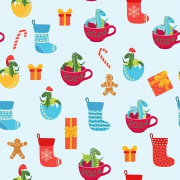 Seamless pattern with cute dragons Christmas design. Chinese New Year backgro Stock Illustration