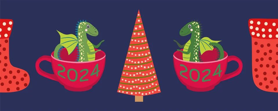 Seamless pattern with cute dragons Christmas design. Chinese New Year backg.. Stock Illustration