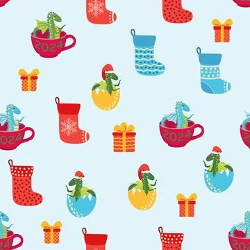 Seamless pattern with cute dragons Christmas design. Chinese New Year backgro Stock Illustration
