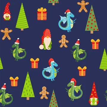 Seamless pattern with cute dragons Christmas design. Chinese New Year backgro Stock Illustration