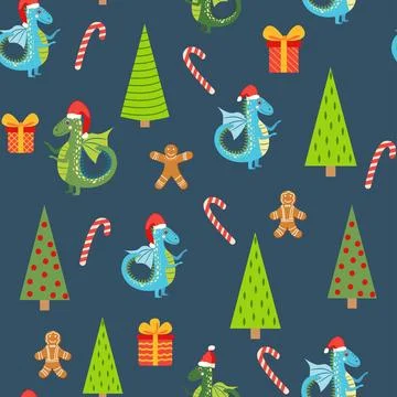 Seamless pattern with cute dragons Christmas design. Chinese New Year backgro Stock Illustration